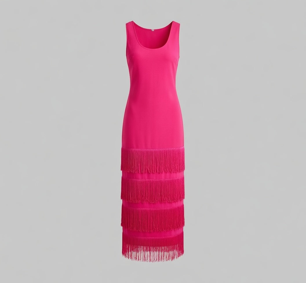 Vibrant Hot Pink Fringe Midi Dress