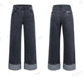Women Wide-Leg Cuffed Jeans (Distressed Back Pocket Detail)