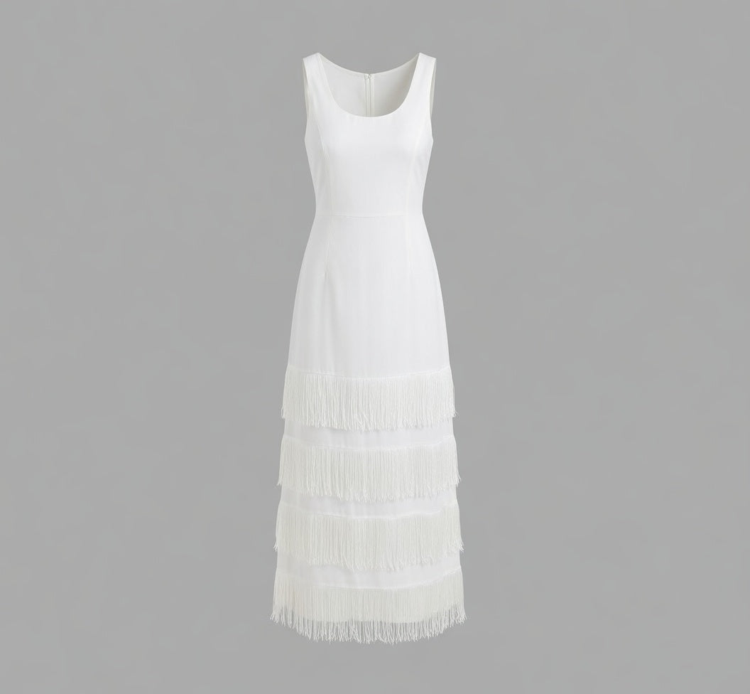 Vibrant Hot Pink Fringe Midi Dress