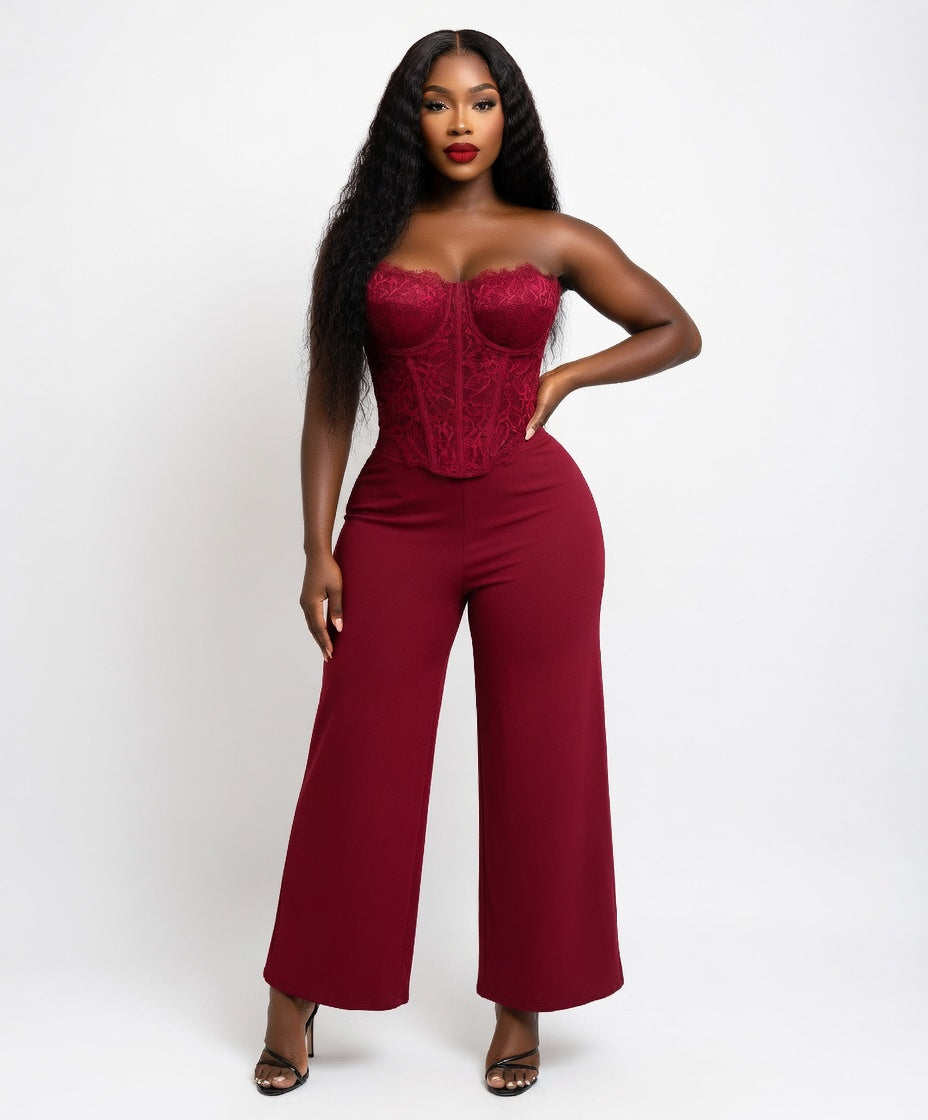 Lace corset top and high waisted wide leg pants