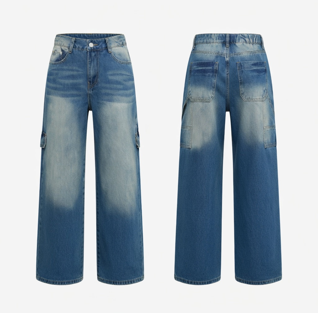 Wide-Leg Cargo Denim Jeans