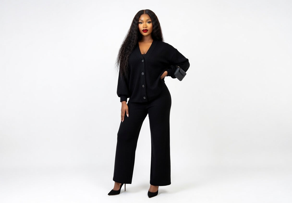 Chic Black Knit Two-Piece Set – Cardigan &amp; Wide-Leg Pants