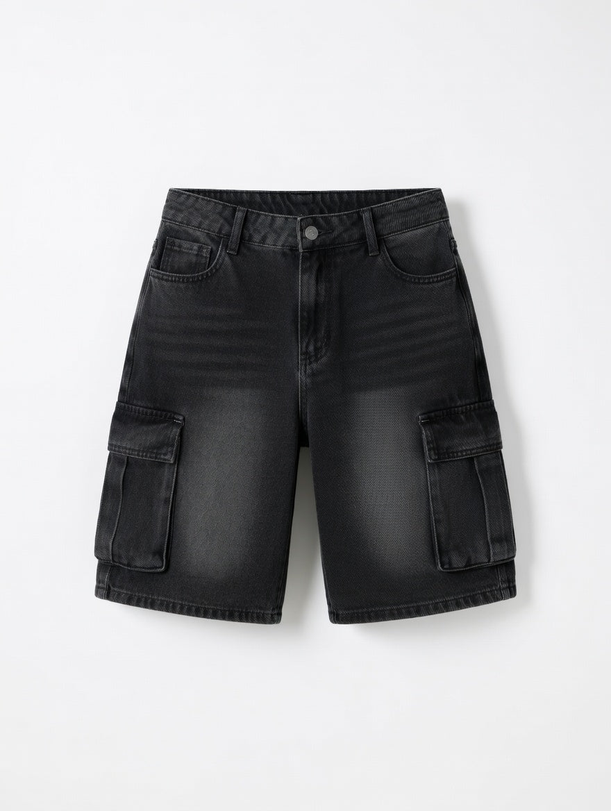 Black Cargo Denim Shorts
