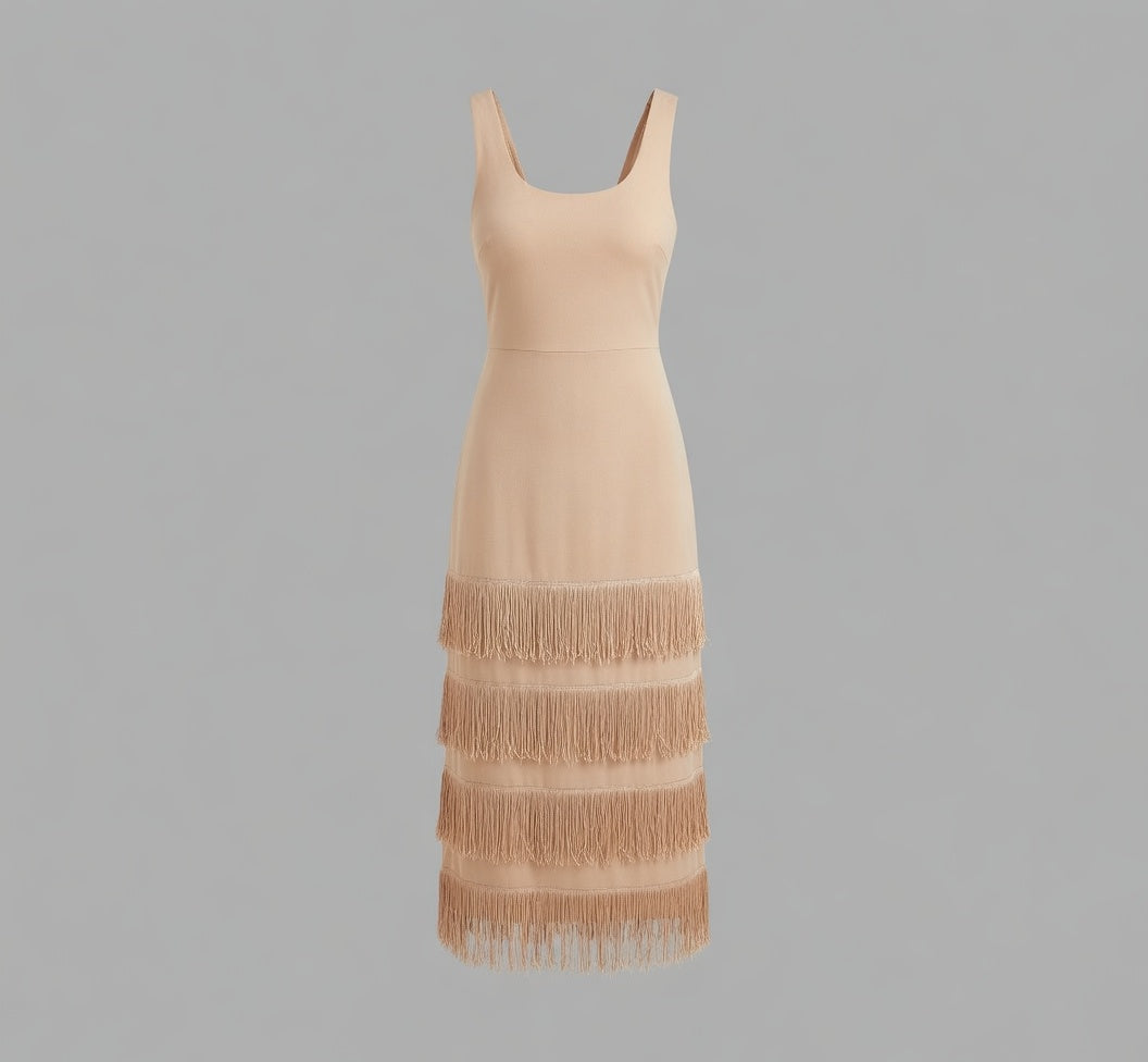 Vibrant Hot Pink Fringe Midi Dress